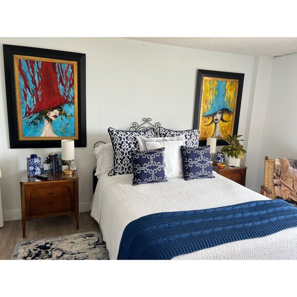 JACQUARD EURO 26" x 26" Pillow DOWN FILLED Navy & White Damask Pattern Zipper - Picture 9 of 9